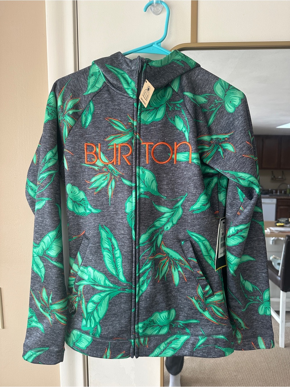 Burton Gray Jacket with Green Leaf Print and Orange Logo Women’s Small